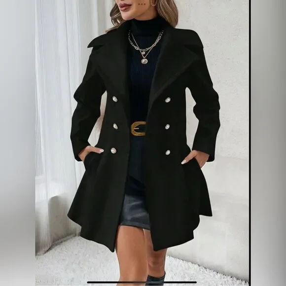 SZ XXL TIKTOK VIRAL OVERCOAT Elegant Black Double-Breasted Women's Coat - Picture 2 of 6